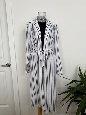 Forever 21 White and Black Striped Long Tie-Waist Duster